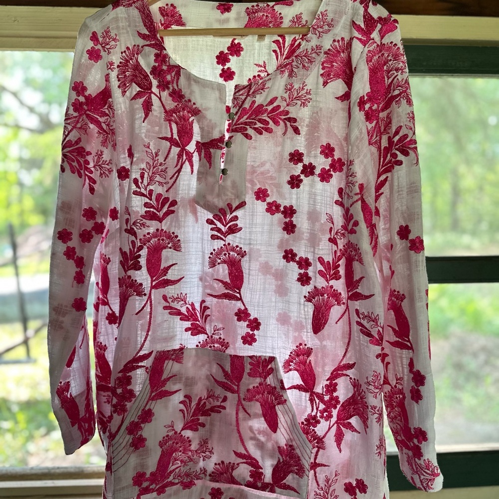 Soft Surroundings Boxy Tunic Pink and Red with Mandarin Collar  XL